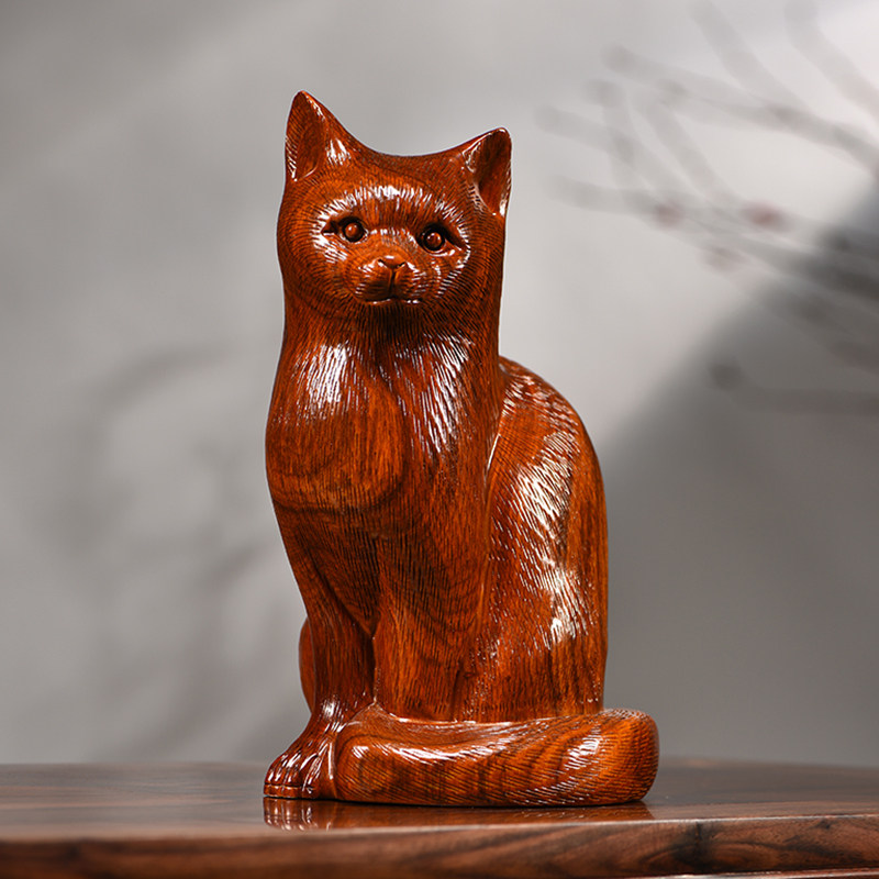 花梨木雕猫摆件吉祥动物可爱小猫红木家居装饰实木工艺品开业送礼