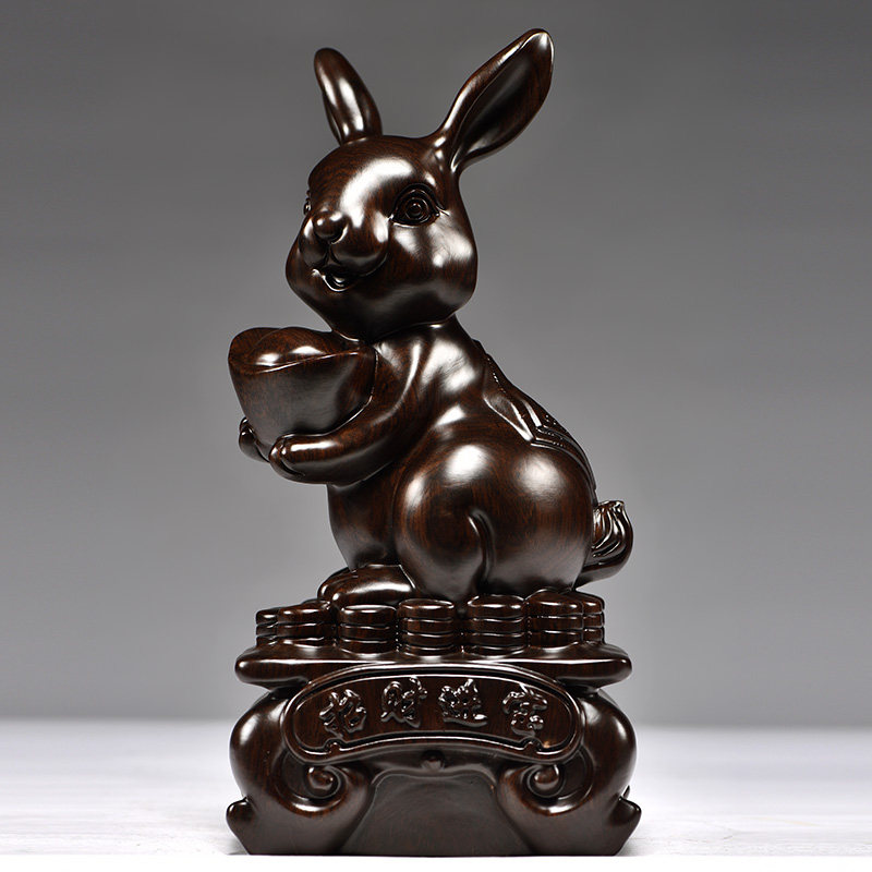 黑檀木雕刻兔摆件木质兔十二生肖兔子木兔家居客厅装饰开业送礼品