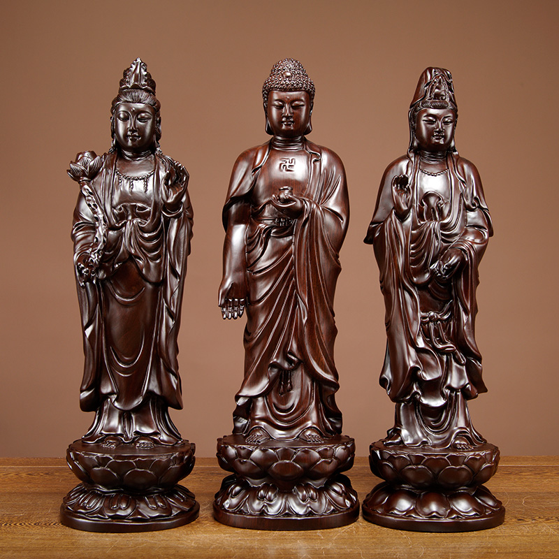 黑檀木雕西方三圣摆件实木质雕刻佛像家居客厅供奉禅意装饰工艺品