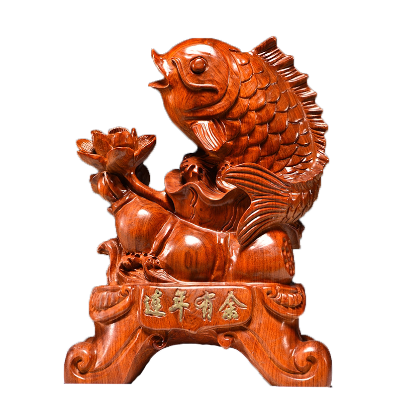 花梨木雕连年有余鱼摆件实木质雕刻年年有余家居客厅红木工艺品