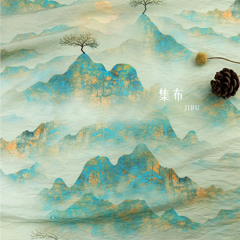 水墨山水画布料古风旗袍