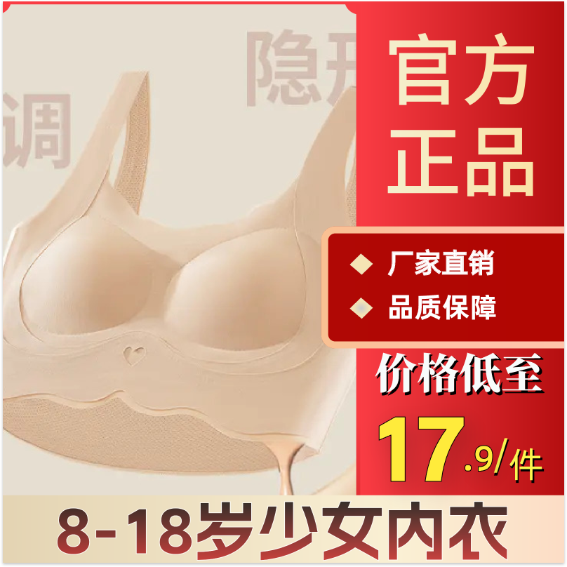 2件装8-18岁少女内衣女孩冰丝无痕初高中生固定杯垫发育期文胸