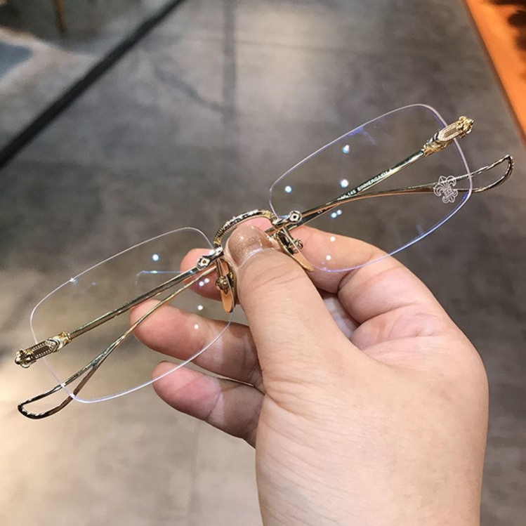金丝无框眼睛小方形超轻切边变色眼镜男潮可配近视度数防蓝光女款