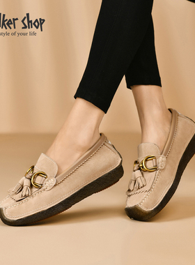 Walker Shop真皮豆豆鞋女软底休闲鞋一脚蹬牛筋底懒人鞋舒适女鞋