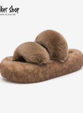 Walker Shop厚底增高毛毛拖鞋女2025新仙女风百搭居家外穿一字拖