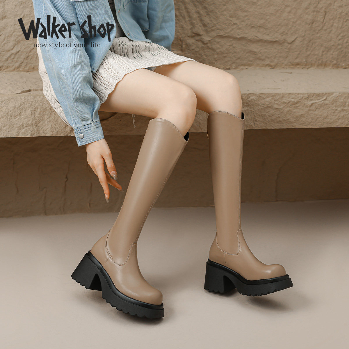 奥卡索女鞋简约百搭圆头粗跟显瘦过膝靴女靴高跟弹力瘦瘦靴大码