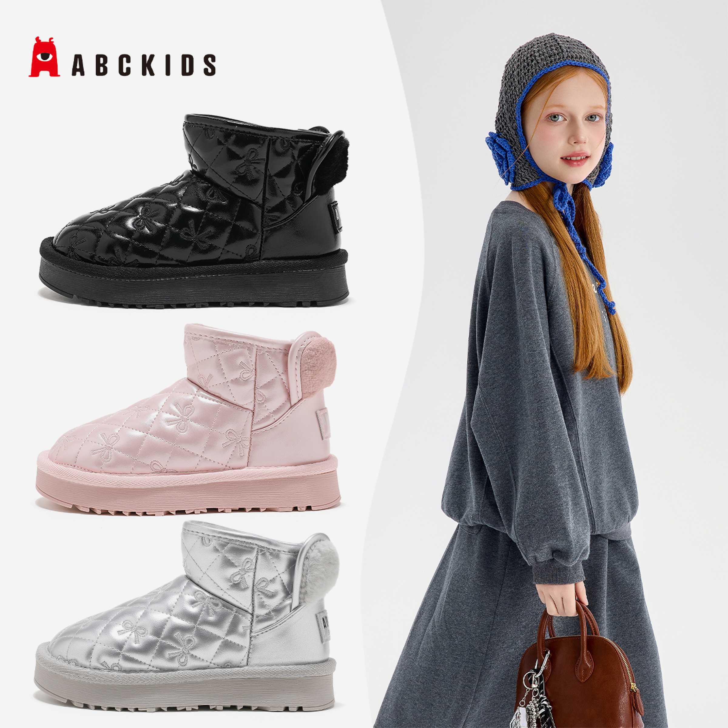 ABCkids儿童鞋2025年冬季加绒加厚新款简约一脚蹬设计御寒雪地靴