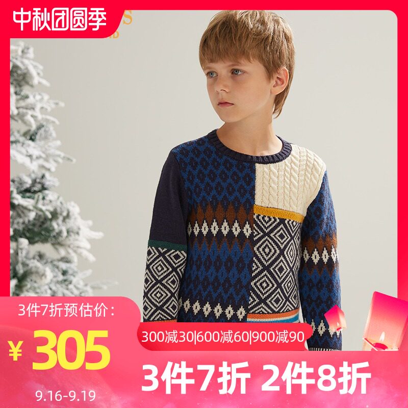 eland kids衣恋童装秋冬新男童套头圆领混色休闲英伦潮毛衣