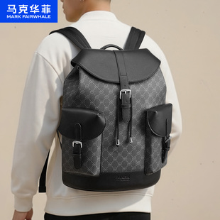 马克华菲男士双肩包黑色老花抽绳翻盖多口袋通勤背包商务背包旅行
