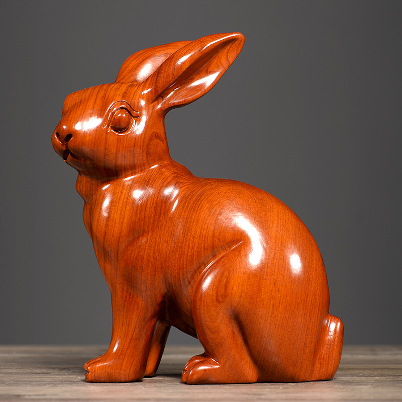兔子摆件一对雕刻生肖红木工艺品