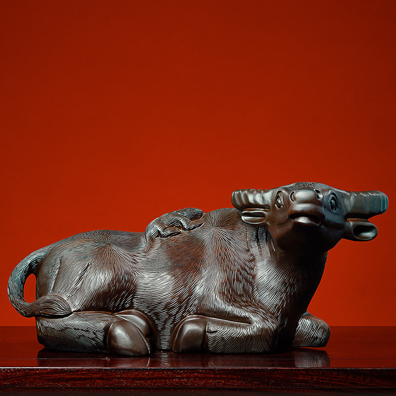 黑檀木雕卧牛摆件实木老鼠骑牛工艺品办公室书房玄关客厅家居装饰