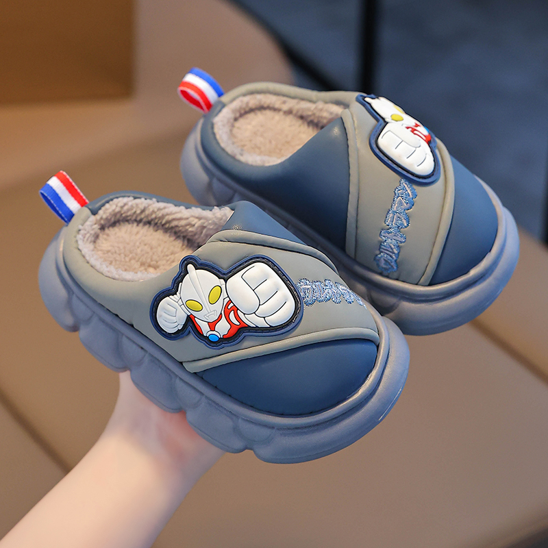 奥特曼儿童棉拖鞋男童冬季男孩室内宝宝防水防滑小孩包跟毛毛棉鞋