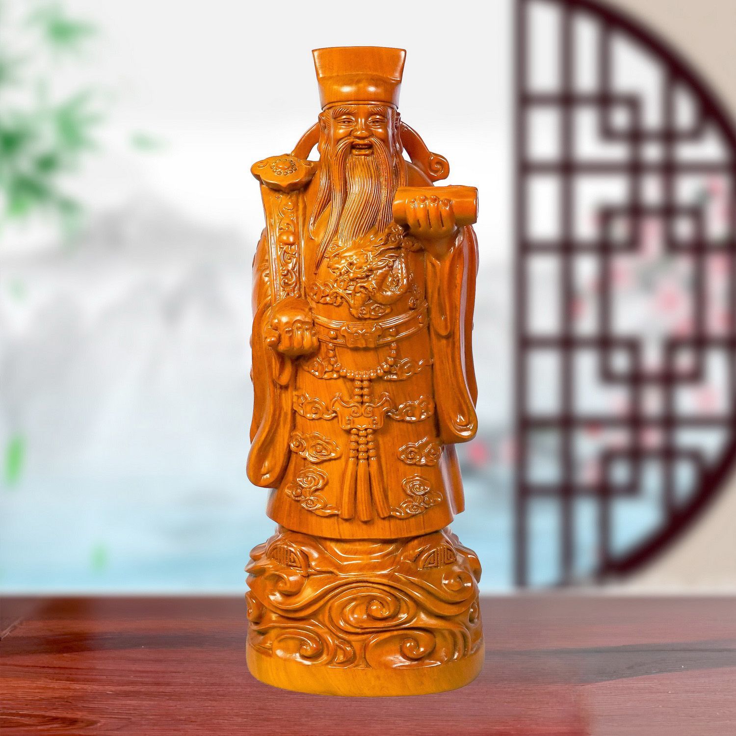 花梨木福禄寿三星摆件财神