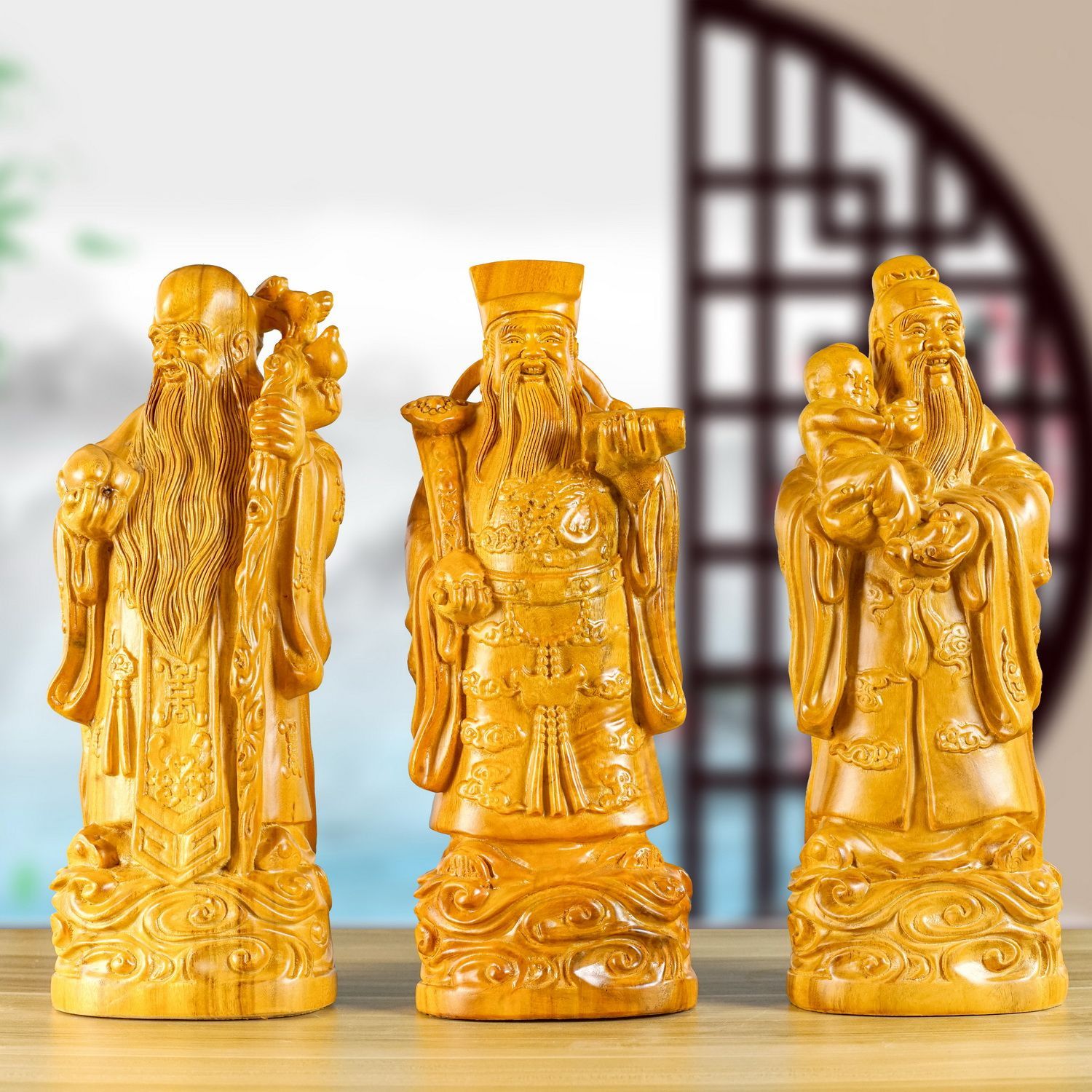香樟木福禄寿三星摆件财神