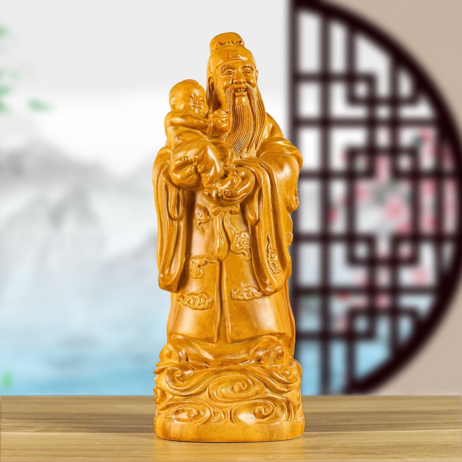 香樟木福禄寿三星摆件财神