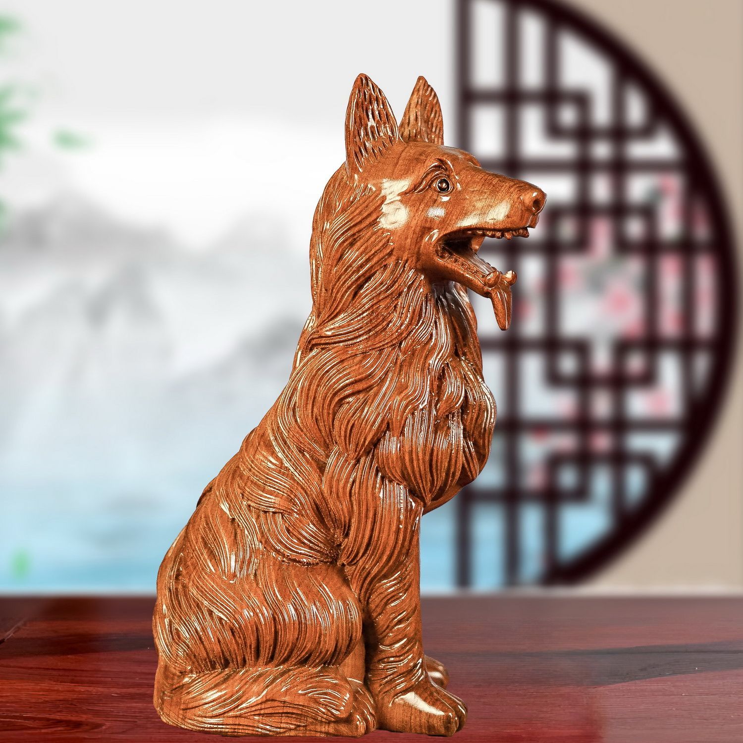 花梨木雕狗摆件大号根狼旺