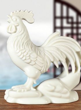 白色实木雕鸡摆件实木雕刻大公鸡十二生肖鸡风水专用工艺品送礼品