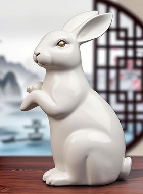 白色木雕刻兔子风水摆件客厅12生肖兔实木质兔工艺品家居红木装饰