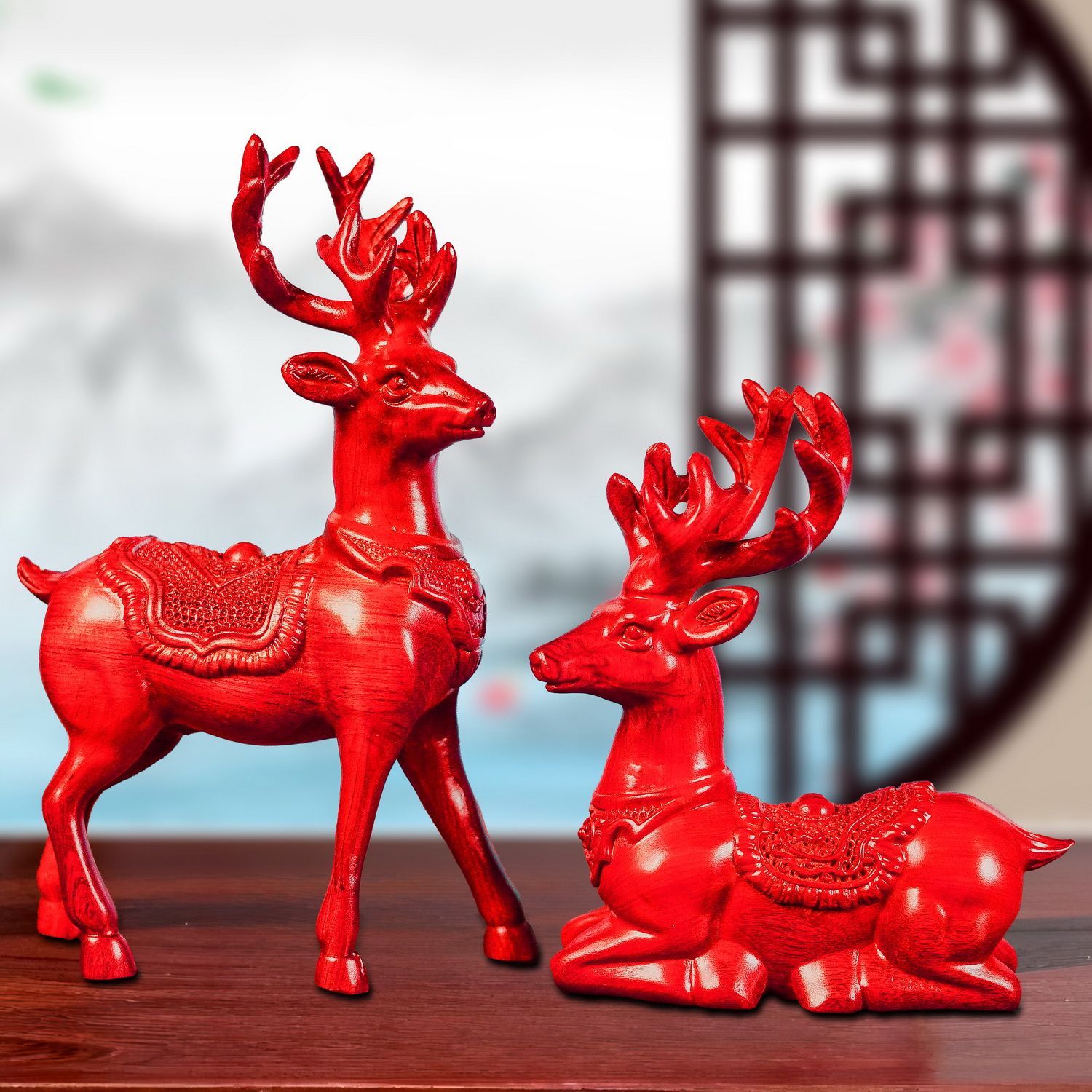 红花梨雕刻梅鹿摆件实木双