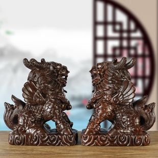 黑檀木麒麟擺件木質(zhì)家用客廳裝 飾品實頭雕刻火麒麟工藝品喬遷送禮