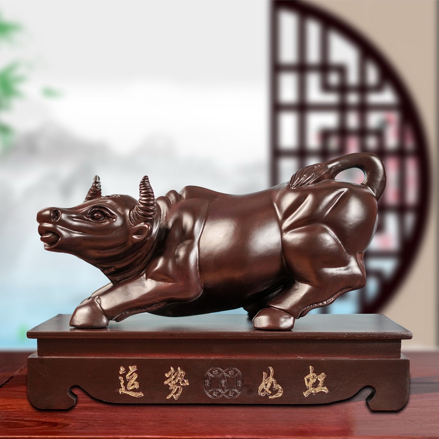 花梨木雕刻牛摆件头根生肖