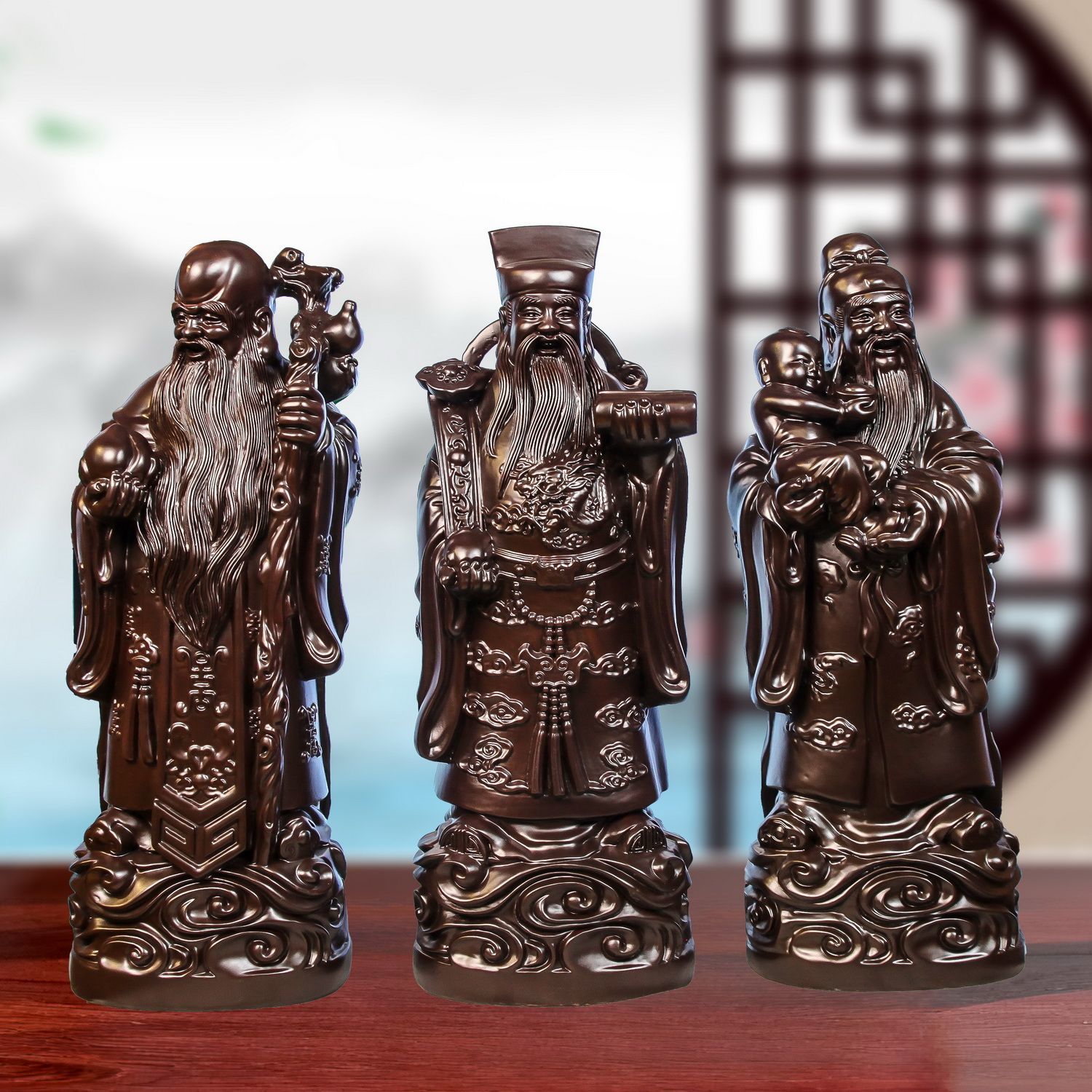 黑檀木福禄寿三星摆件财神