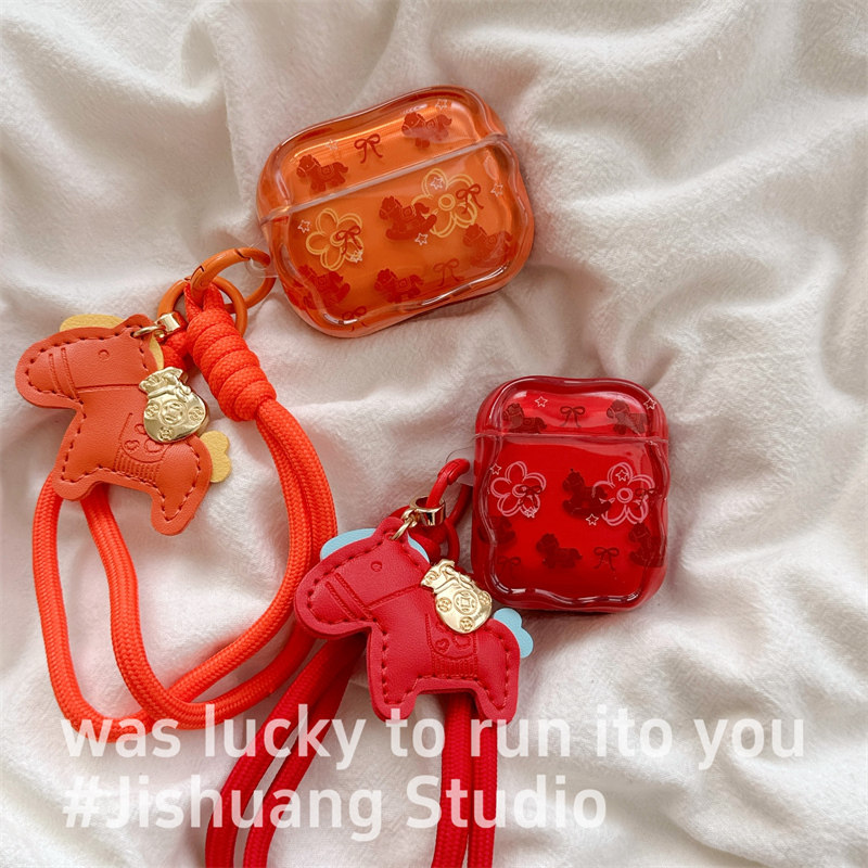 新年创意红色小马带挂绳适用airpods4保护套airpodspro3代苹果耳机套二代无线蓝牙保护壳airpod3女款全包软壳