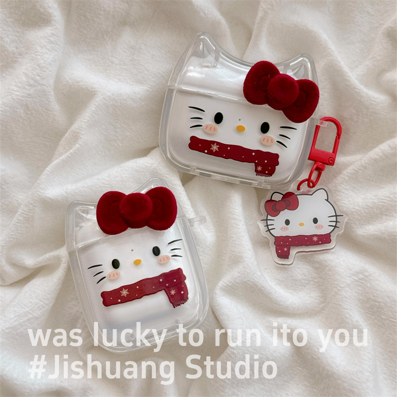 透明红色蝴蝶结围巾kitty适用airpods4保护套airpodspro3苹果耳机套二代无线蓝牙保护壳airpod3女款全包软壳
