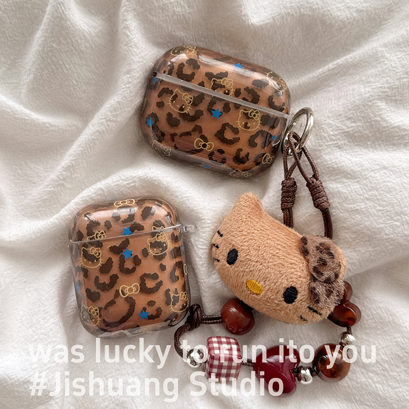 韩系棕色豹纹kitty适用苹果耳机保护套airpods4无线蓝牙耳机壳三四airpodpro2二代ipod耳机盒airpods3保护壳