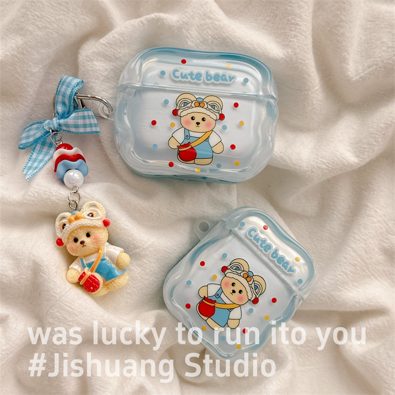 日韩卡通蓝色波点小熊挂饰适用airpods4保护套airpodspro3苹果耳机套二代无线蓝牙保护壳airpod3女款全包软壳