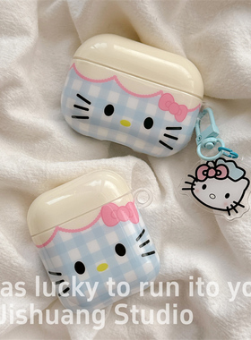 ins日韩蓝色格子kitty猫适用airpods4保护套airpodspro3代苹果耳机套二代无线蓝牙保护壳airpod3女款全包软壳