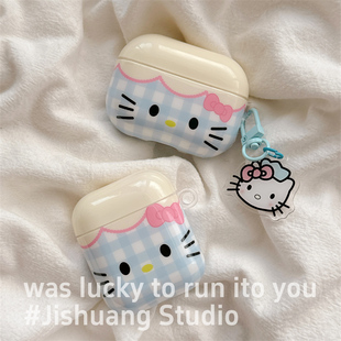 ins日韩蓝色格子kitty猫适用airpods4保护套airpodspro3代苹果耳机套二代无线蓝牙保护壳airpod3女款全包软壳