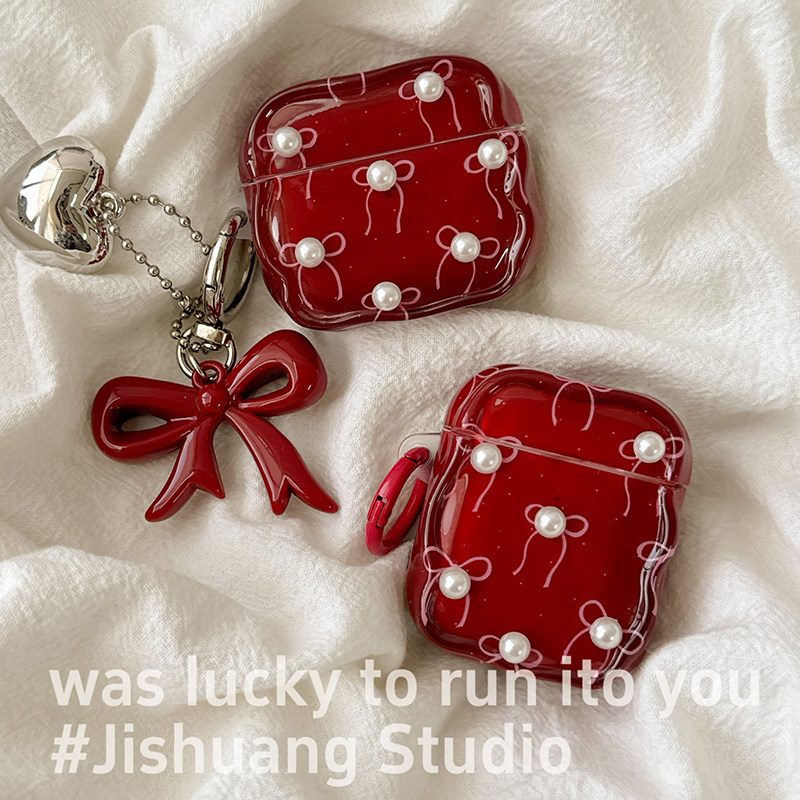 韩风酒红珍珠蝴蝶结适用苹果耳机保护套airpods4无线蓝牙耳机壳四代airpodpro2二代ipod耳机盒airpods3保护壳,3C数码配件,耳机保护套,淘宝优惠券,粉丝福利购,淘宝优惠卷