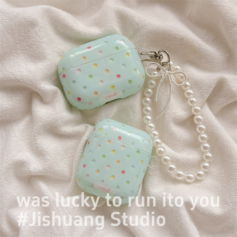 ins韩系绿色波点带链条适用airpods4保护套airpodspro3代苹果耳机套二代无线蓝牙保护壳airpod3女款全包软壳