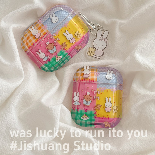 少女卡通格子米菲兔适用苹果耳机保护套airpods4无线蓝牙耳机壳四代airpodpro2二代ipod耳机盒airpods3保护壳