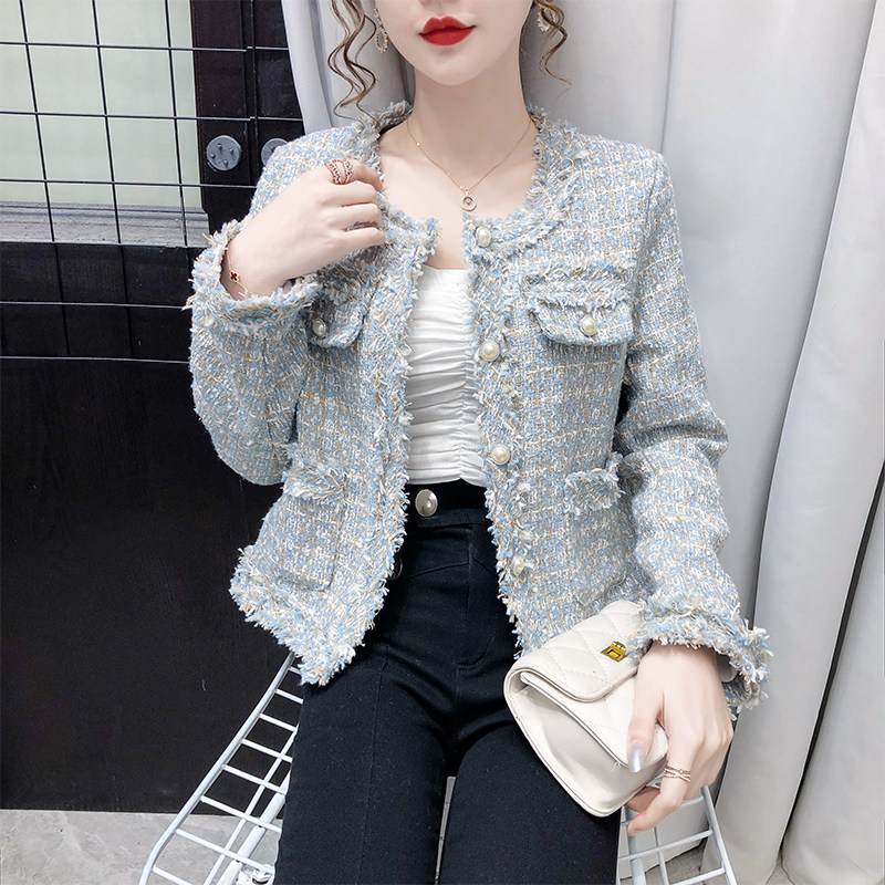 法式小香外套女装2020年新款春秋季韩版名媛百搭蓝色长袖短款上衣