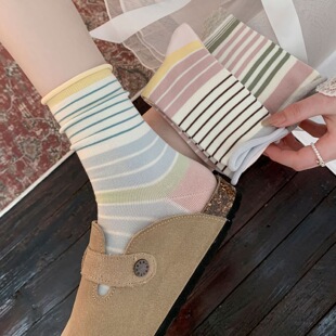 小清新条纹中筒袜子女四季针织撞色卷边日系堆堆袜ins潮百搭长袜