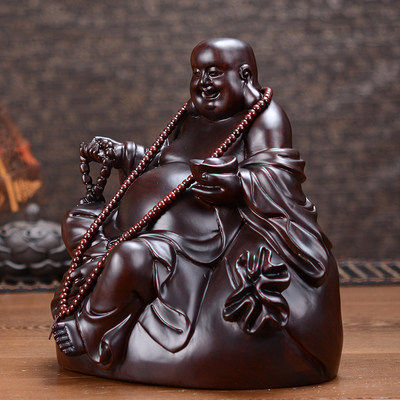 正品黑檀实木质雕刻弥勒佛像摆件坐式布袋笑佛红木家居客厅装饰工