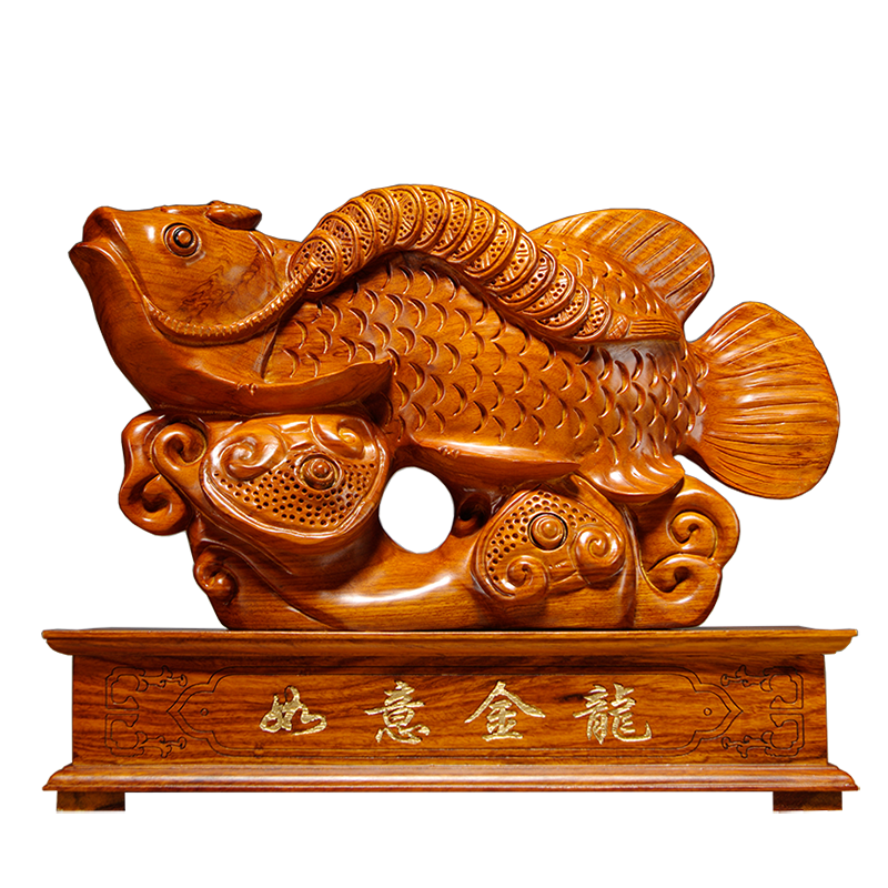 金龙鱼木雕动物摆件客厅工艺品