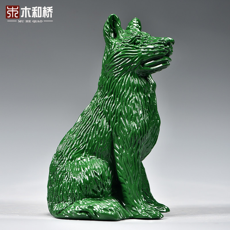绿色木雕狗摆件十二生肖狗摆设家居客厅电视柜办公装饰红木工艺品