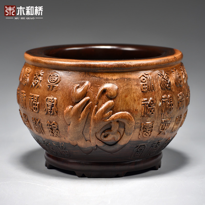 黑檀木雕刻聚宝盆摆件红木
