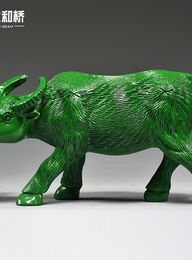 绿色木雕牛摆件牛气冲天实木水牛工艺品十二生肖动物客厅开业送礼