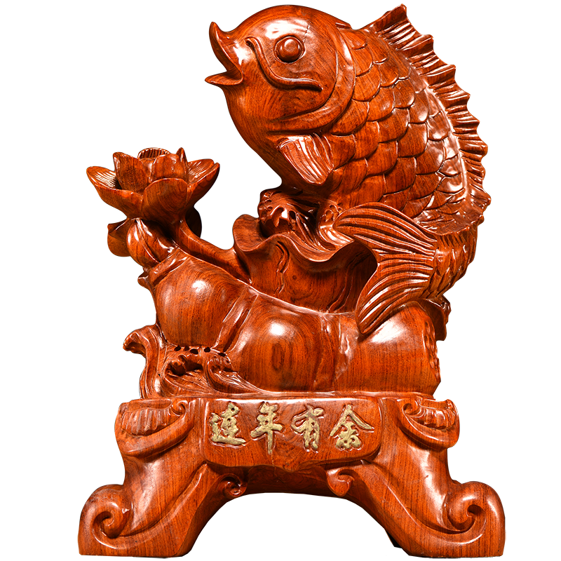 花梨木雕连年有余鱼摆件实木质雕刻年年有余家居客厅红木工艺品