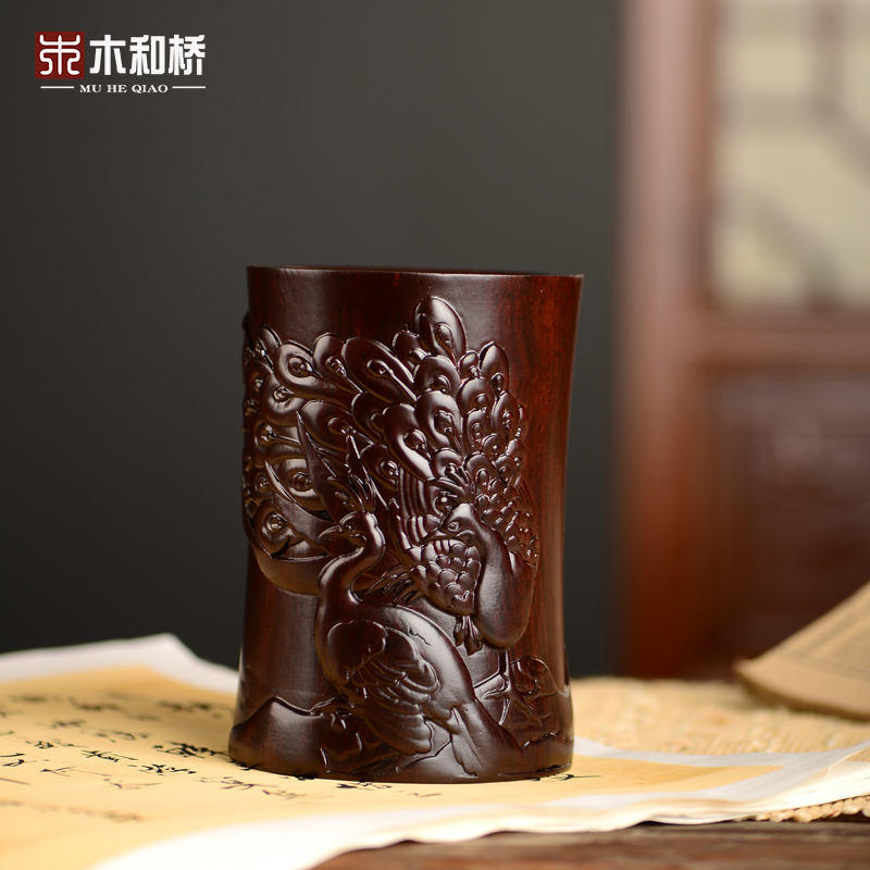 黑檀木雕凤凰笔筒工艺品办公室