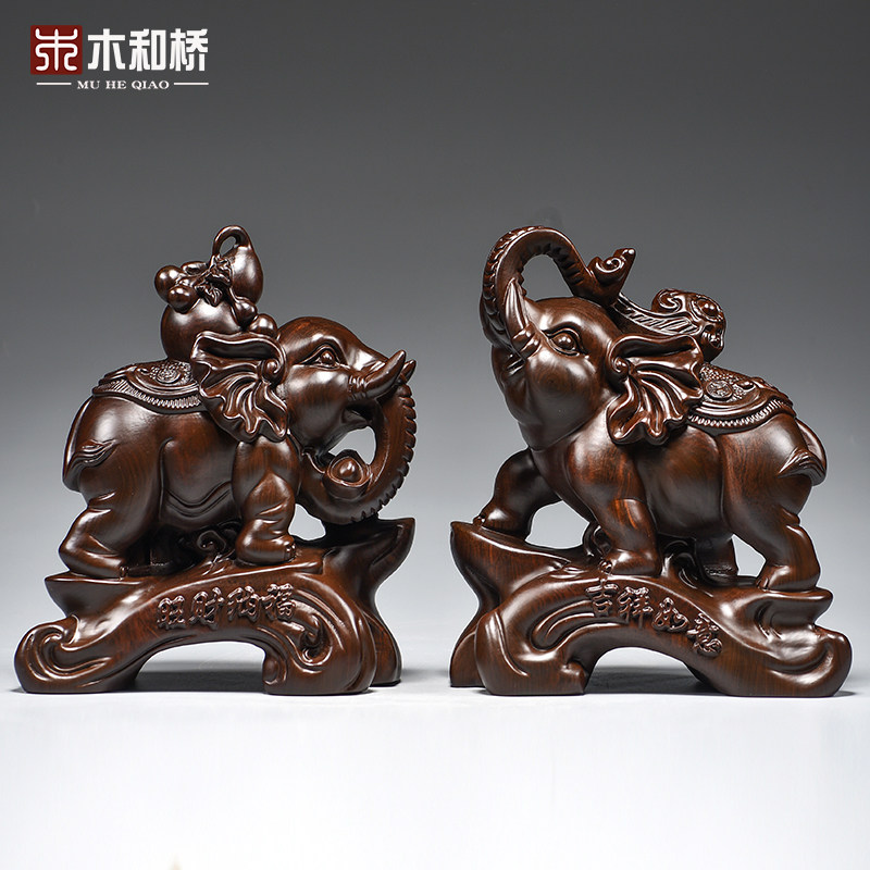 实木雕大象摆件一对客厅