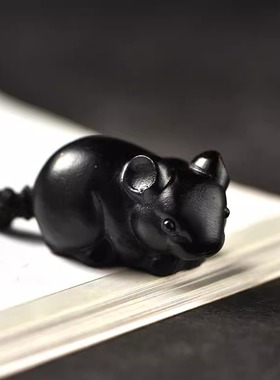 黑色木雕鼠吊坠挂件实木十二生肖木头鼠吉祥物挂件木质装饰工艺品