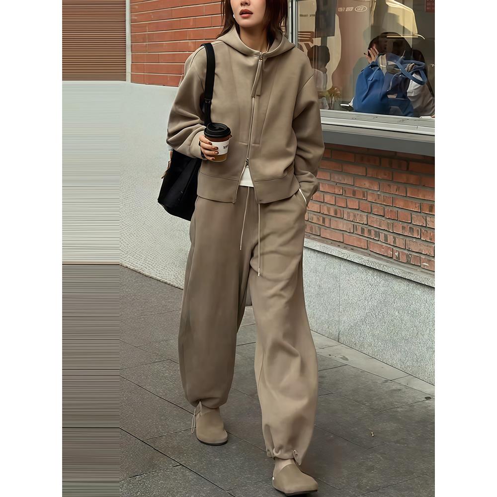 JOYIASS套装女装秋冬新款休闲风宽松假两件针织连帽卫衣长款阔腿