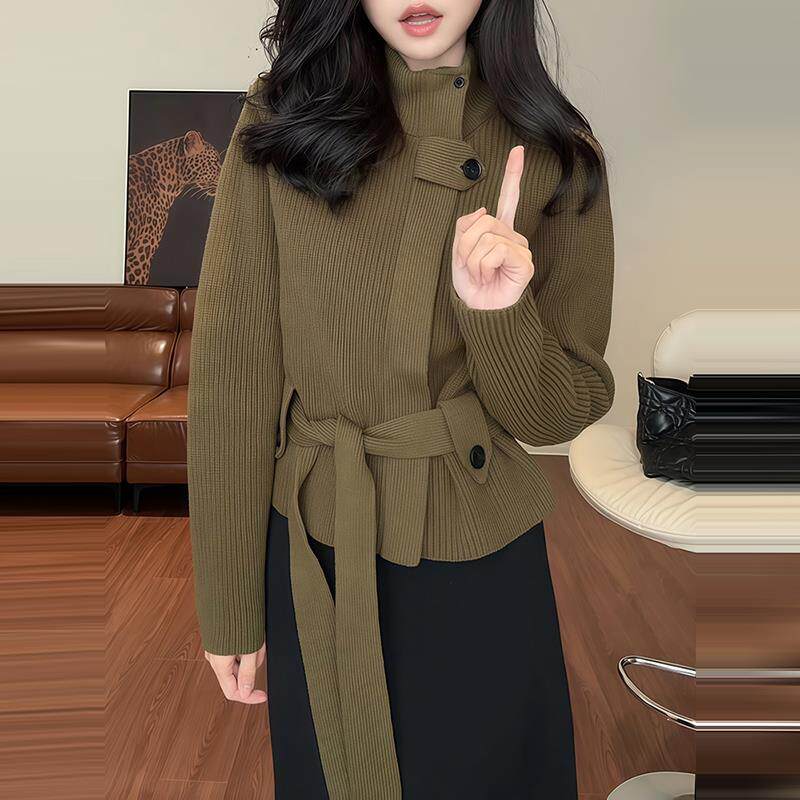 JOYIASS法式高端设计感韩版立领系带收腰毛衣女士秋冬宽松高级感