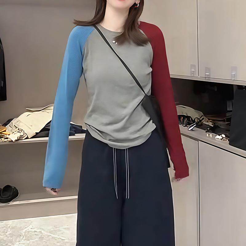 JOYIASS韩系洋气三色拼接撞色长袖t恤女今年流行爆款秋季chic上衣