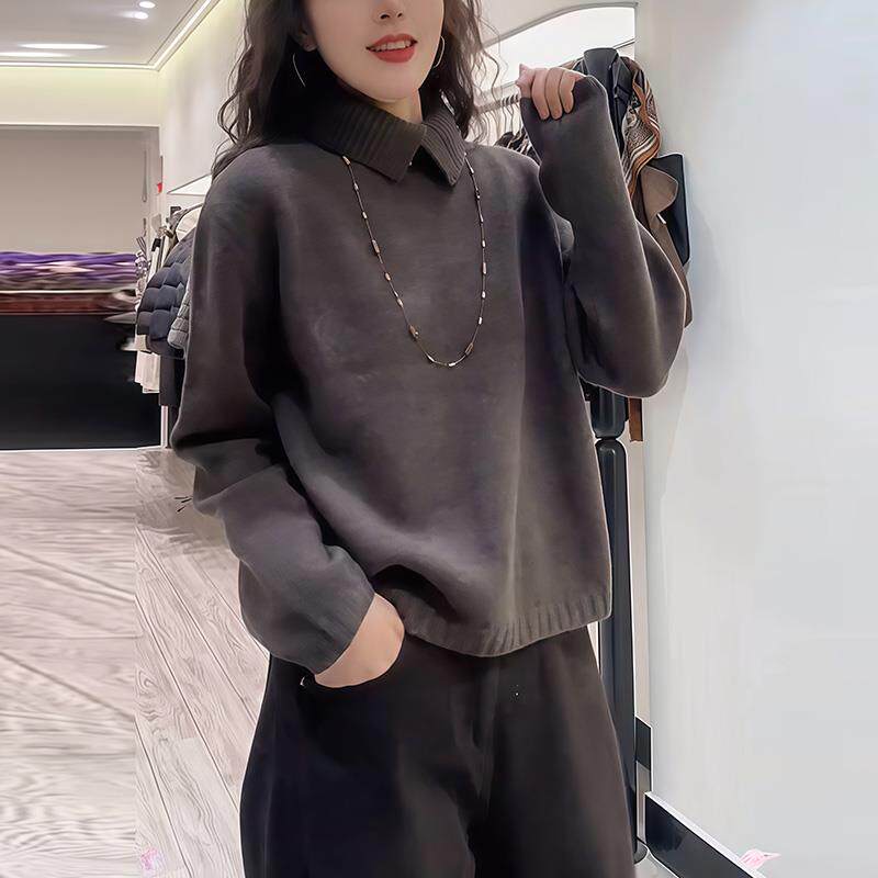 JOYIASS韩系POLO领坑条针织毛衣女秋冬新款灰色套头极简风时尚针